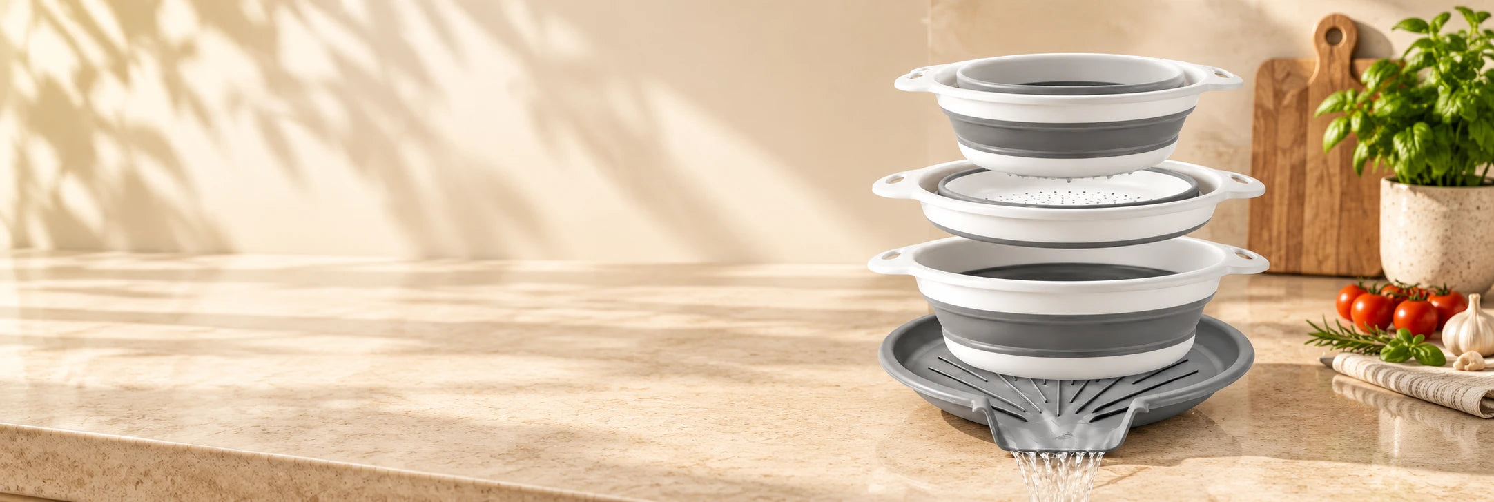 Collapsible colanders on a warm kitchen counter