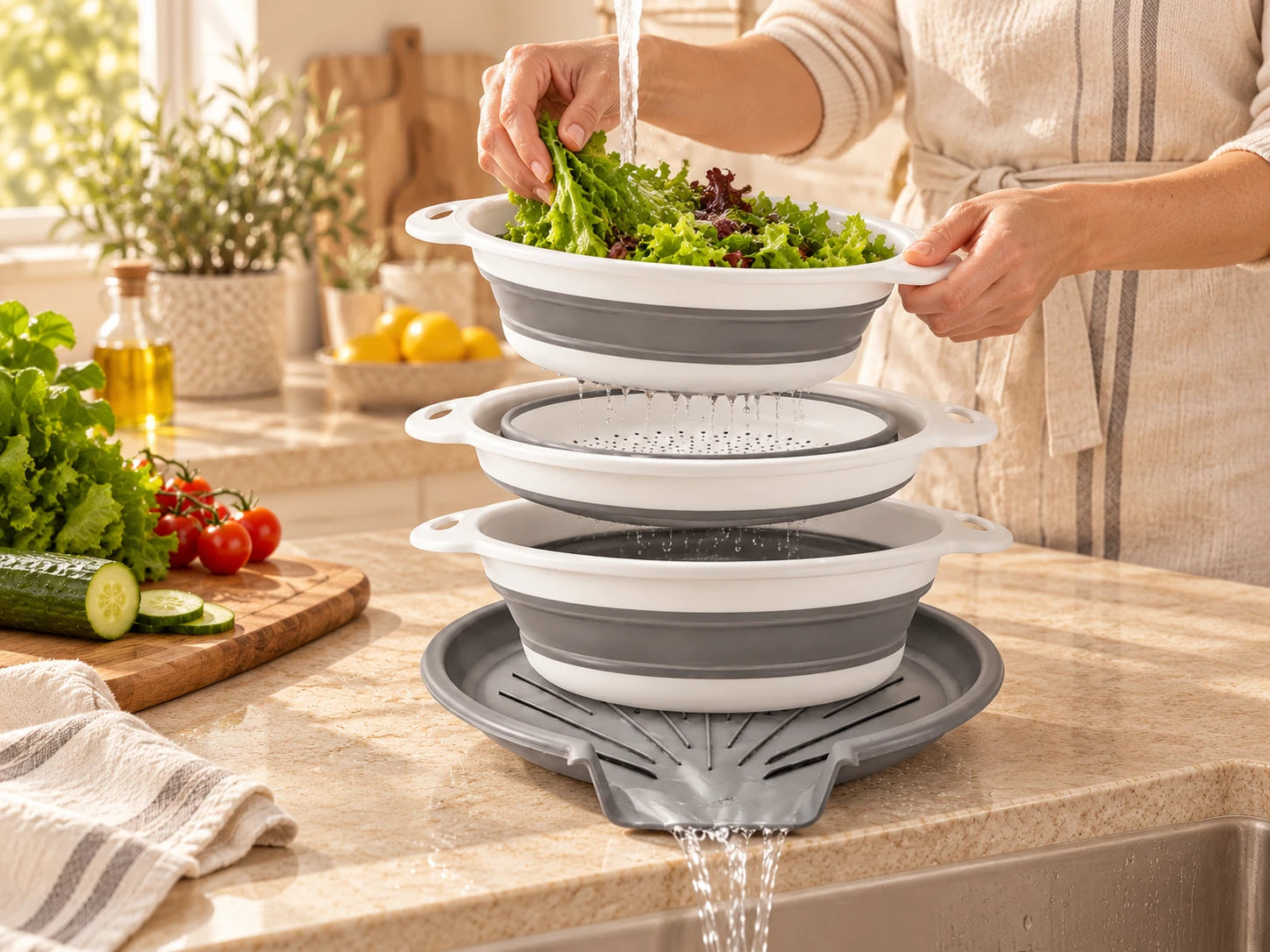 Fresh vegetable preparation in a warm kitchen